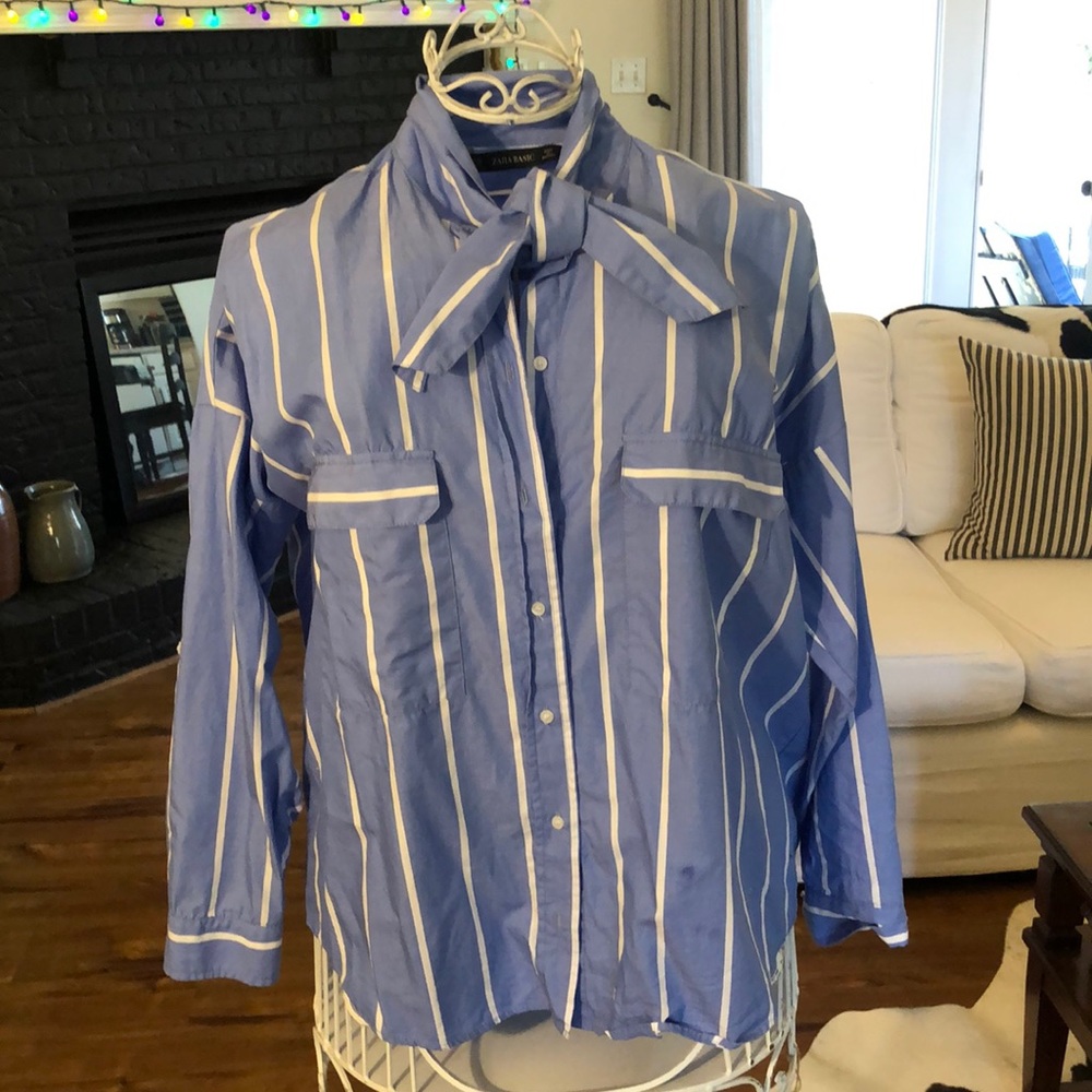 Zara Basic Chambray Blue With Thin White Vertical… - image 1